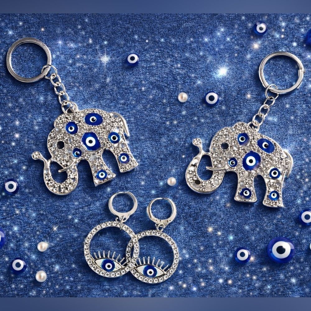 Evil Eye Jewelry Bundle | Elephant Keychains/Bag Charms + Hoop Earrings |4pc NEW